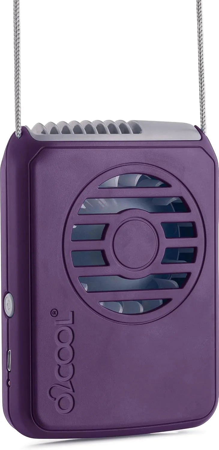 O2COOL Portable Neck Personal Travel USB Battery Powered Adjustable Lanyard Cooling Fan, (Purple)