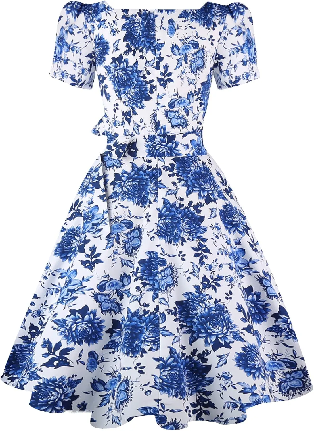 OBBUE Women's Square Neck Dress Vintage 1950s Cocktail Party Dress with Puff Sleeves