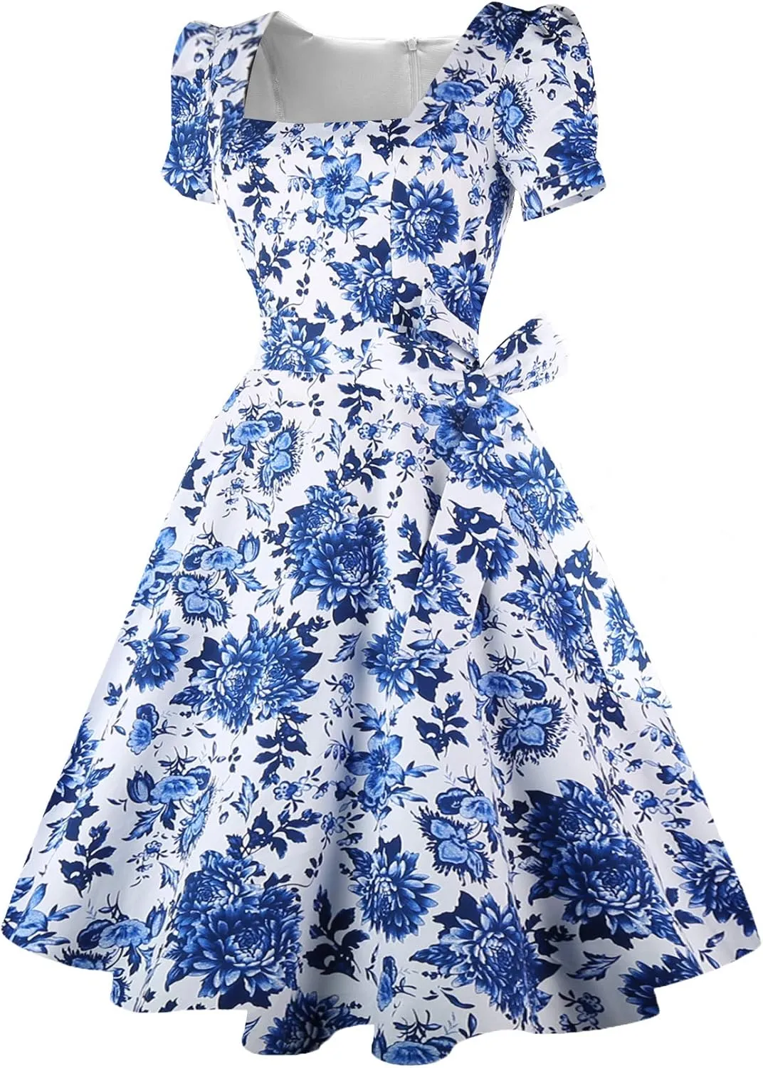 OBBUE Women's Square Neck Dress Vintage 1950s Cocktail Party Dress with Puff Sleeves