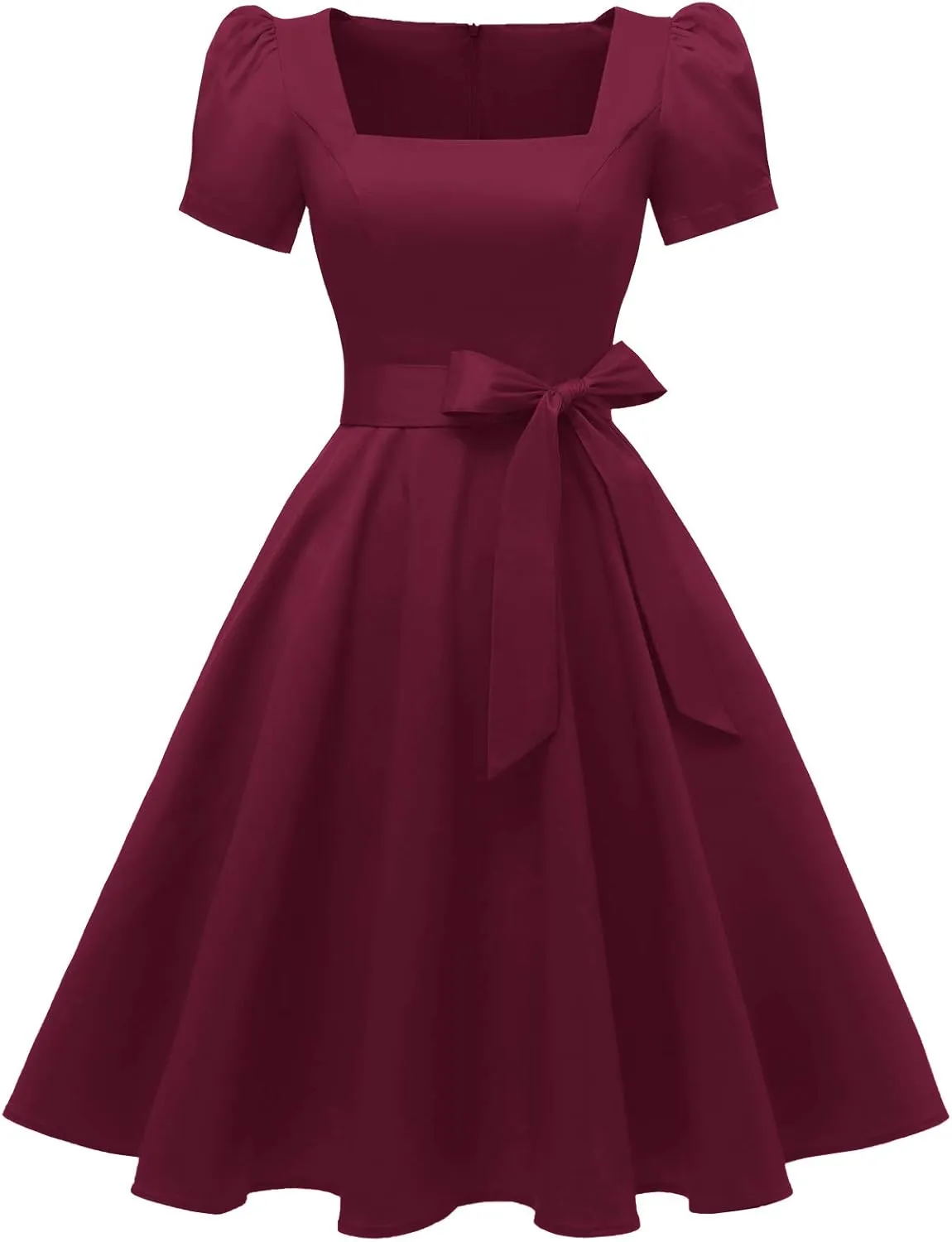 OBBUE Women's Square Neck Dress Vintage 1950s Cocktail Party Dress with Puff Sleeves
