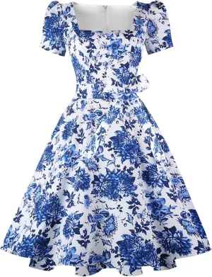 OBBUE Women's Square Neck Dress Vintage 1950s Cocktail Party Dress with Puff Sleeves