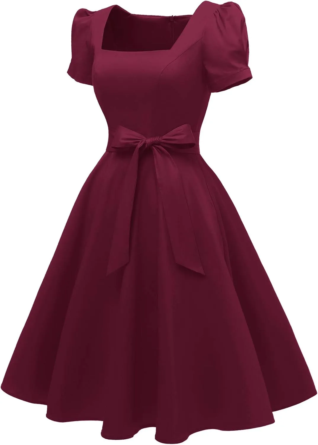 OBBUE Women's Square Neck Dress Vintage 1950s Cocktail Party Dress with Puff Sleeves