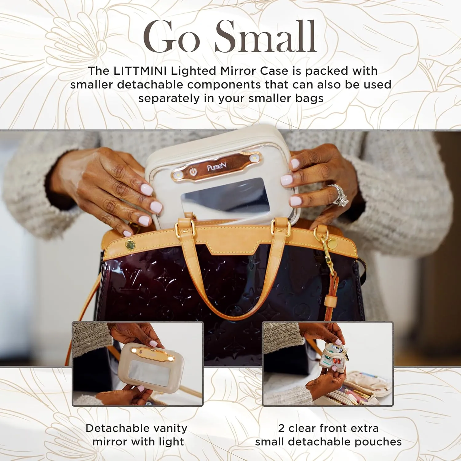 OFT 2024 LITTMINI Lighted Mirror Case - Small Makeup Bag with Detachable Mirror & Multiple Pouches for Organization - Vegan Leather, Mini Makeup Bag Ideal for Travel & Everyday Essentials (Rose Pink)