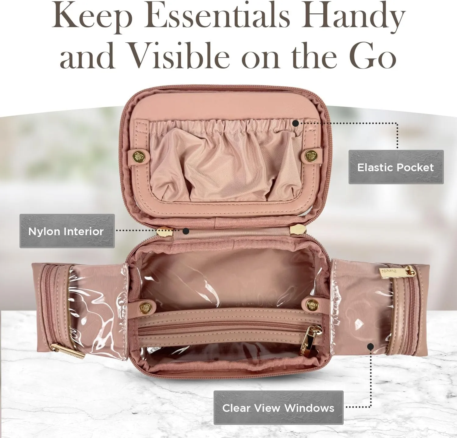 OFT 2024 LITTMINI Lighted Mirror Case - Small Makeup Bag with Detachable Mirror & Multiple Pouches for Organization - Vegan Leather, Mini Makeup Bag Ideal for Travel & Everyday Essentials (Rose Pink)