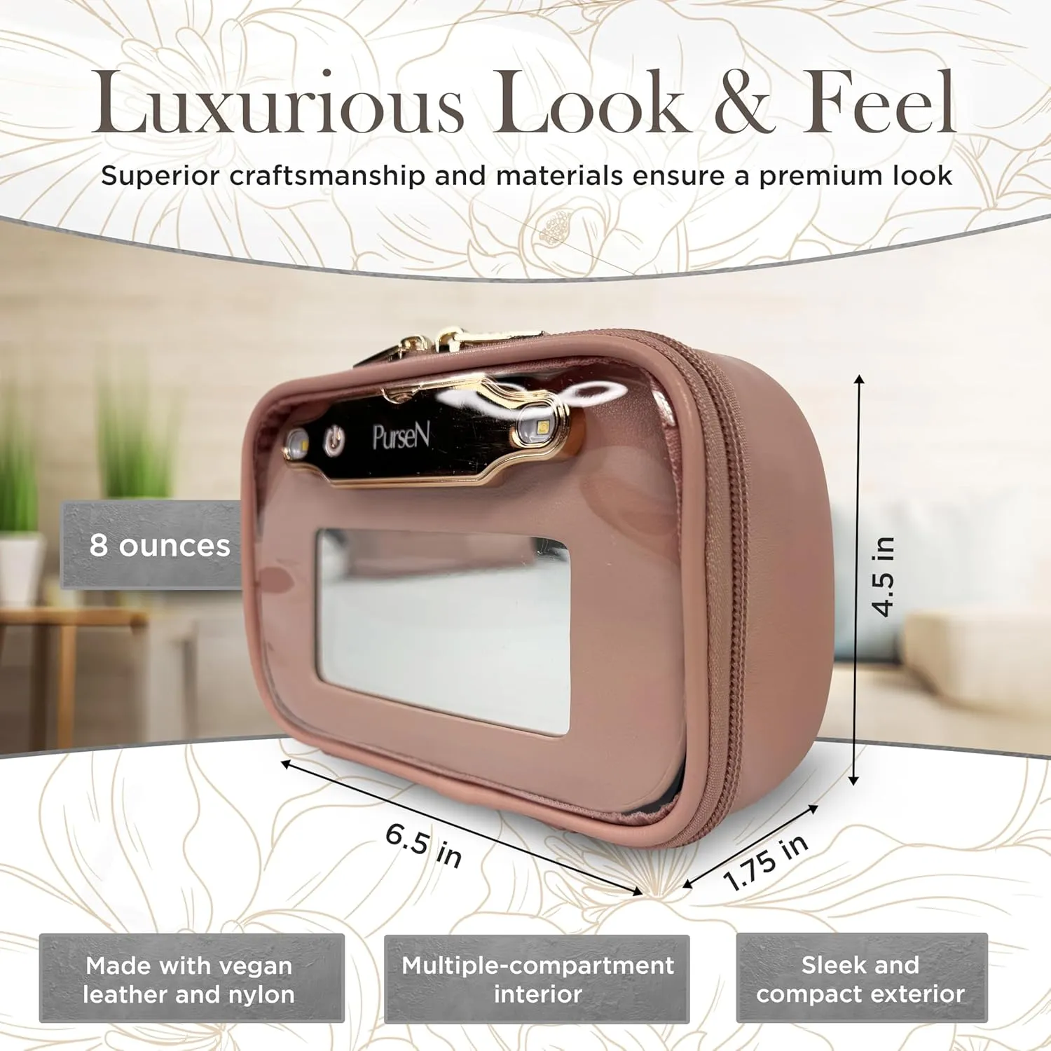 OFT 2024 LITTMINI Lighted Mirror Case - Small Makeup Bag with Detachable Mirror & Multiple Pouches for Organization - Vegan Leather, Mini Makeup Bag Ideal for Travel & Everyday Essentials (Rose Pink)