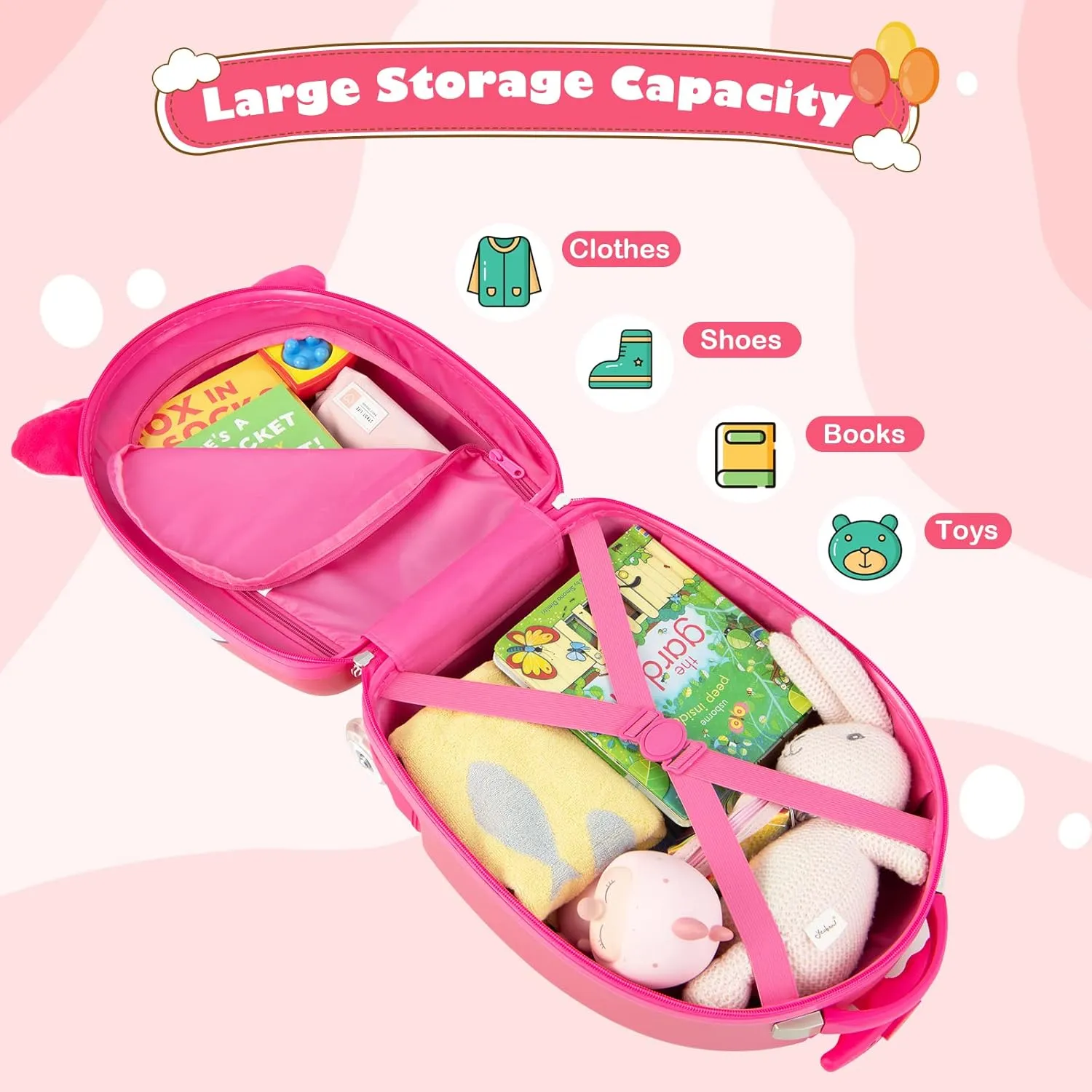 Olakids Kids Luggage, 16’’ Carry On Rolling Suitcase for Girls Boys with LED Flashing Spinner Wheels, Travel Trolley Hardside Case for Toddlers (Pink Pony)