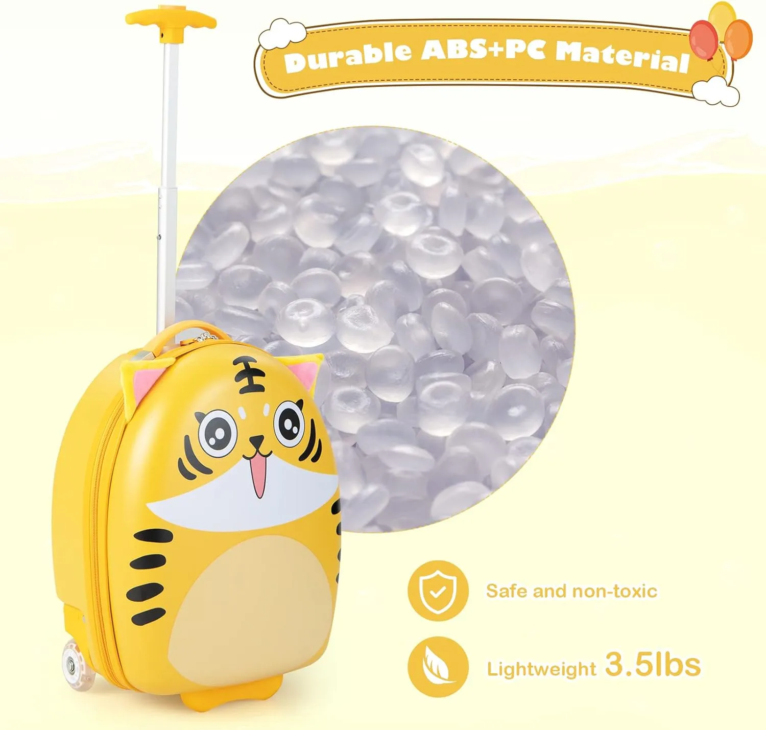 Olakids Kids Luggage, 16'' Carry On Rolling Suitcase for Girls Boys with LED Flashing Spinner Wheels, Travel Trolley Hardside Case for Toddlers (Yellow Tiger)