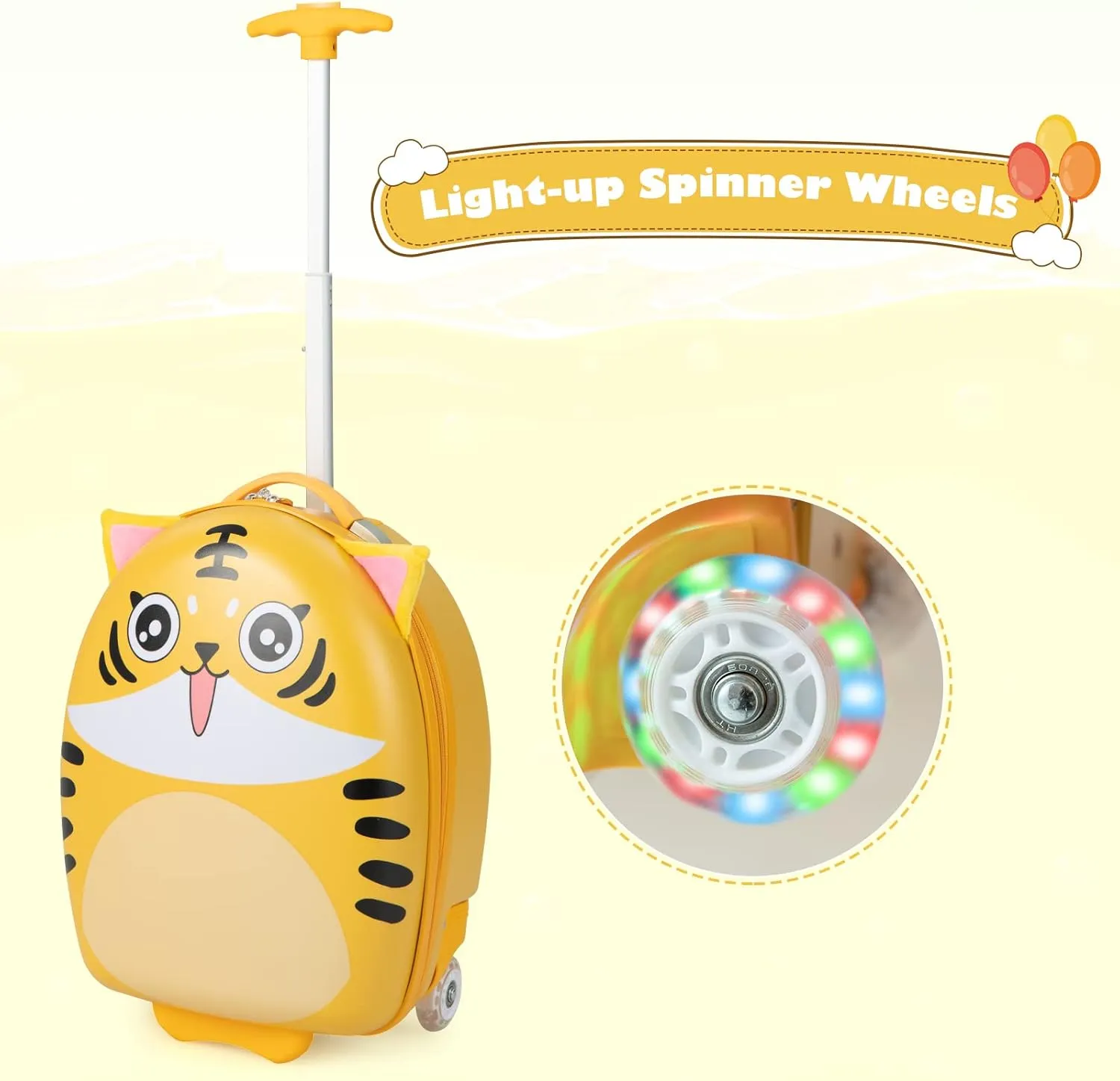 Olakids Kids Luggage, 16'' Carry On Rolling Suitcase for Girls Boys with LED Flashing Spinner Wheels, Travel Trolley Hardside Case for Toddlers (Yellow Tiger)