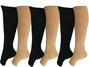 Open Toe Toeless Compression Socks 6 Pairs for Women Men 15-20 mmHg Calf Support Compression Sleeve (L/XL, Black&Nude)