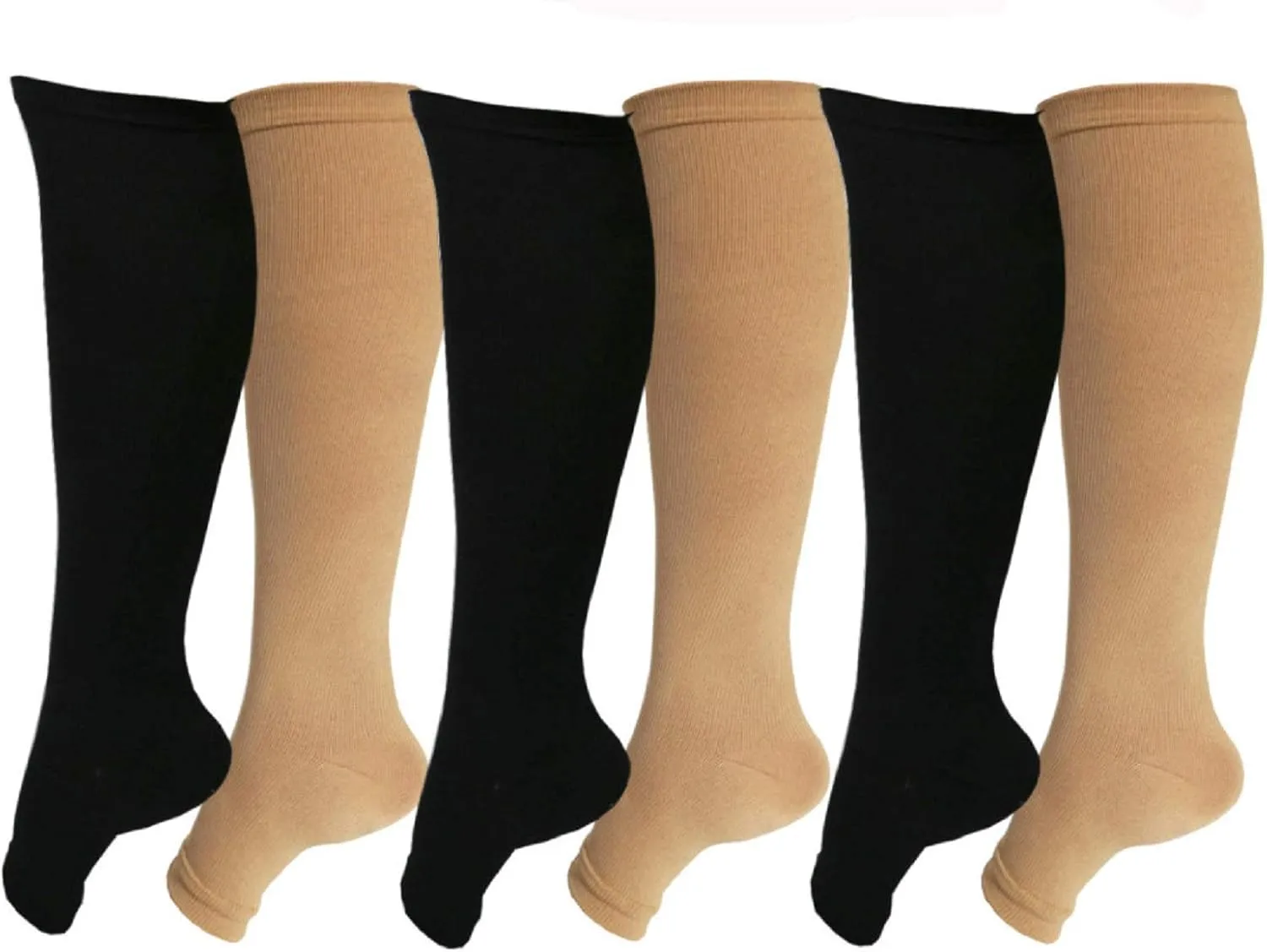 Open Toe Toeless Compression Socks 6 Pairs for Women Men 15-20 mmHg Calf Support Compression Sleeve (L/XL, Black&Nude)