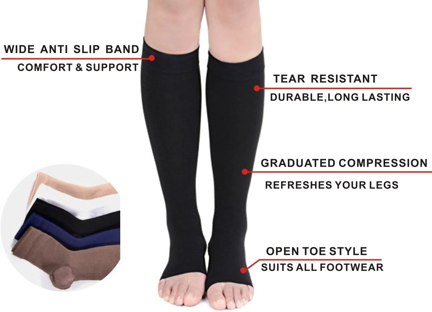 Open Toe Toeless Compression Socks 6 Pairs for Women Men 15-20 mmHg Calf Support Compression Sleeve (L/XL, Black&Nude)