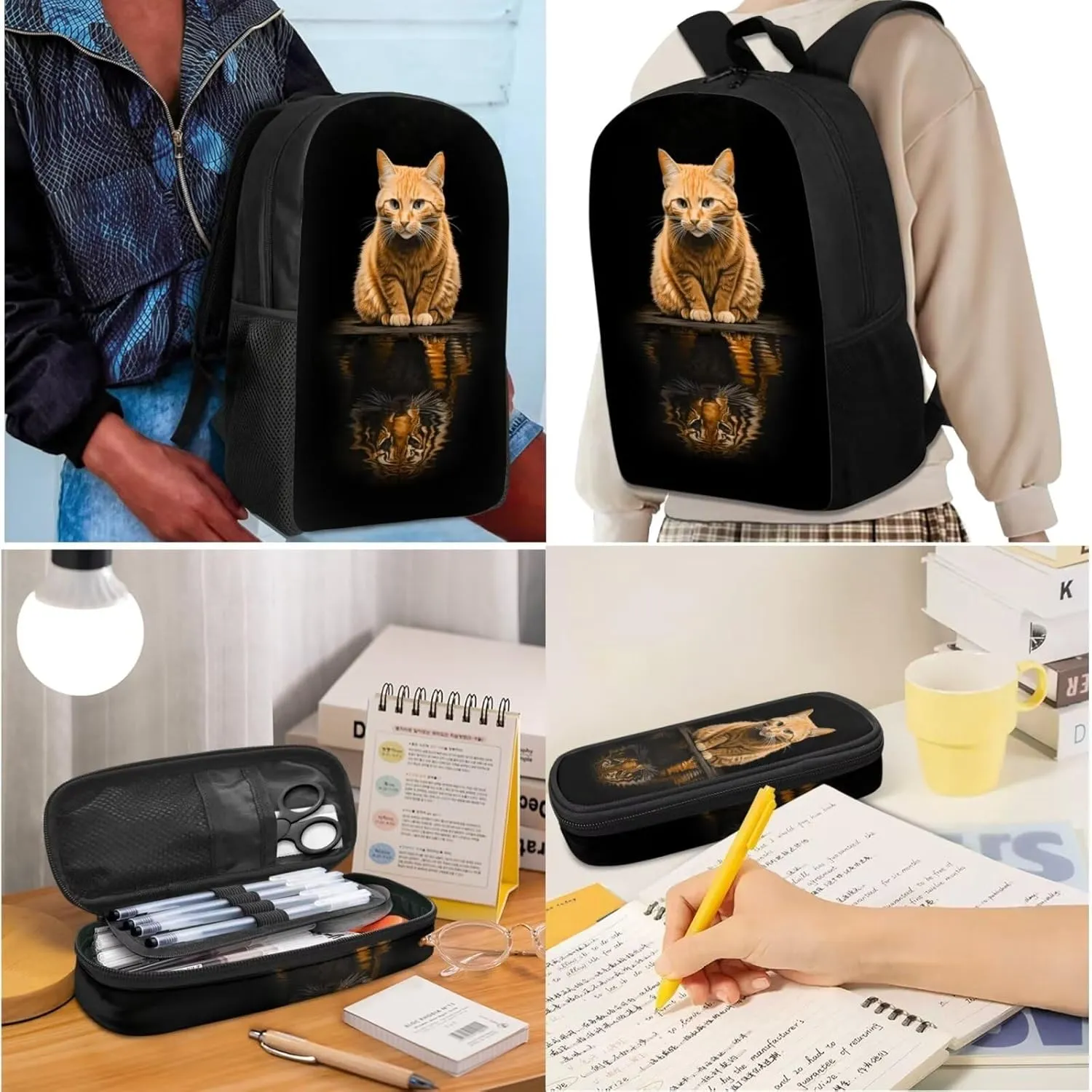Orange Cat Print Boys Girls Backpack Set,3 Pcs Personalized School Bag Large Capacity Bookbag Pencil Case for Kids Elementary Middle Hight School,The Cat's Reflection Is A Tiger (Black)