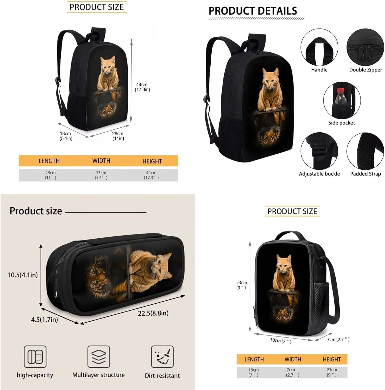 Orange Cat Print Boys Girls Backpack Set,3 Pcs Personalized School Bag Large Capacity Bookbag Pencil Case for Kids Elementary Middle Hight School,The Cat's Reflection Is A Tiger (Black)