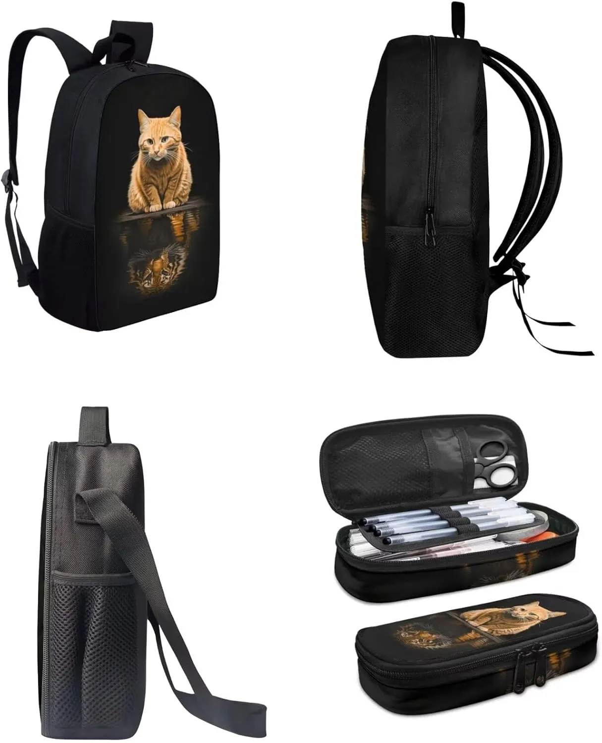 Orange Cat Print Boys Girls Backpack Set,3 Pcs Personalized School Bag Large Capacity Bookbag Pencil Case for Kids Elementary Middle Hight School,The Cat's Reflection Is A Tiger (Black)