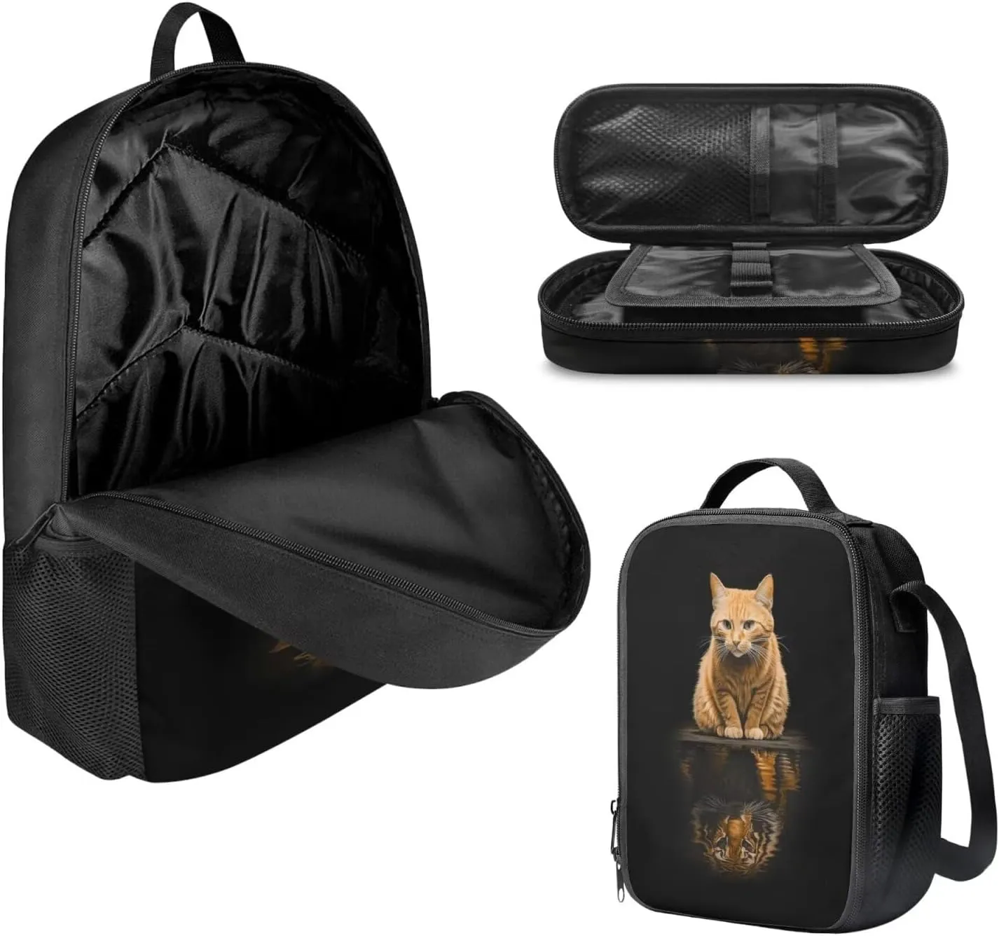 Orange Cat Print Boys Girls Backpack Set,3 Pcs Personalized School Bag Large Capacity Bookbag Pencil Case for Kids Elementary Middle Hight School,The Cat's Reflection Is A Tiger (Black)