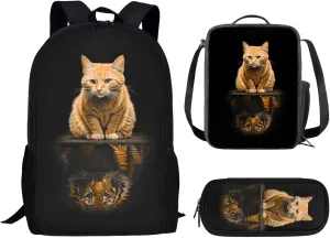 Orange Cat Print Boys Girls Backpack Set,3 Pcs Personalized School Bag Large Capacity Bookbag Pencil Case for Kids Elementary Middle Hight School,The Cat's Reflection Is A Tiger (Black)
