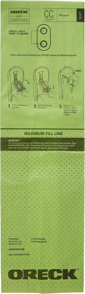 Oreck Vacuum Cleaner Bags for Upright Vacs, Pack of 25, Green, Type CC, Allergen Filtration, Part # AK1CC25A, Oreck Vacuum Bags