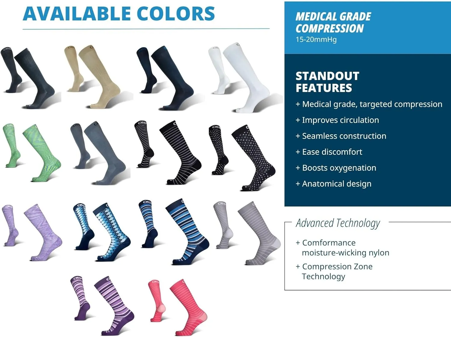 OS1st Wellness Compression Socks for circulation, swelling, deep vein thrombosis and calf cramps | 15-20mmHg