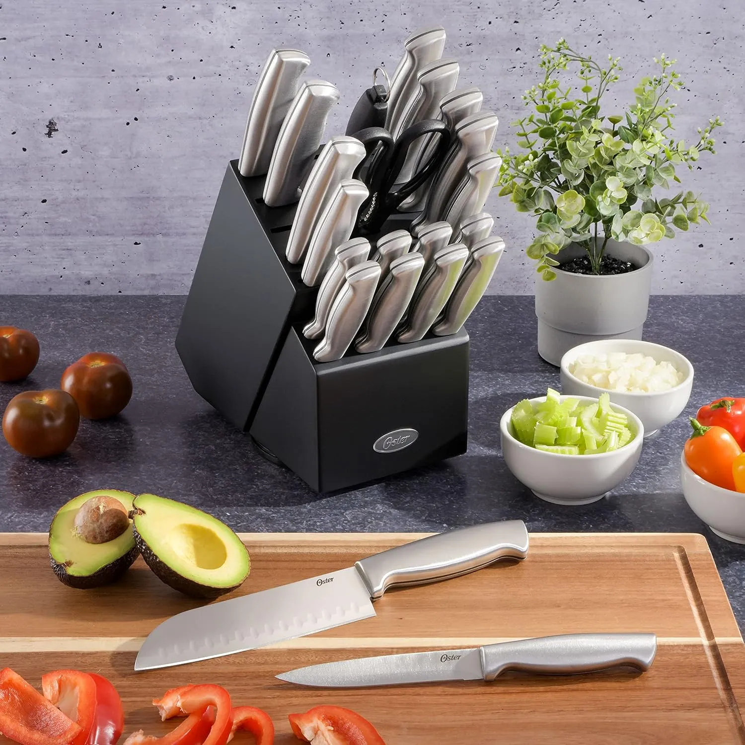 Oster Baldwyn High-Carbon Stainless Steel Kitchen Knife Cutlery Block Set, 22-Piece, Brushed Satin