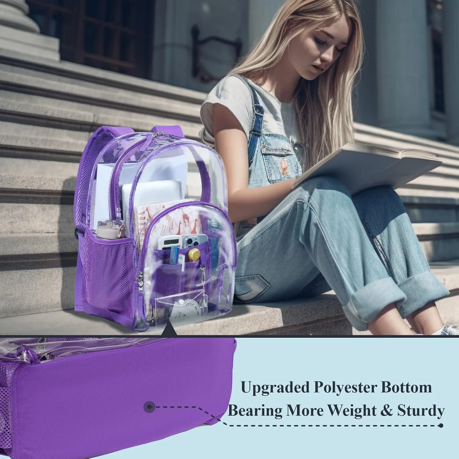 PACKISM Clear Backpack - Large Clear Backpack Heavy Duty Transparent Backpacks for School, See Through Backpack Clear Bookbag for School, Work Purple(for age 12 above)