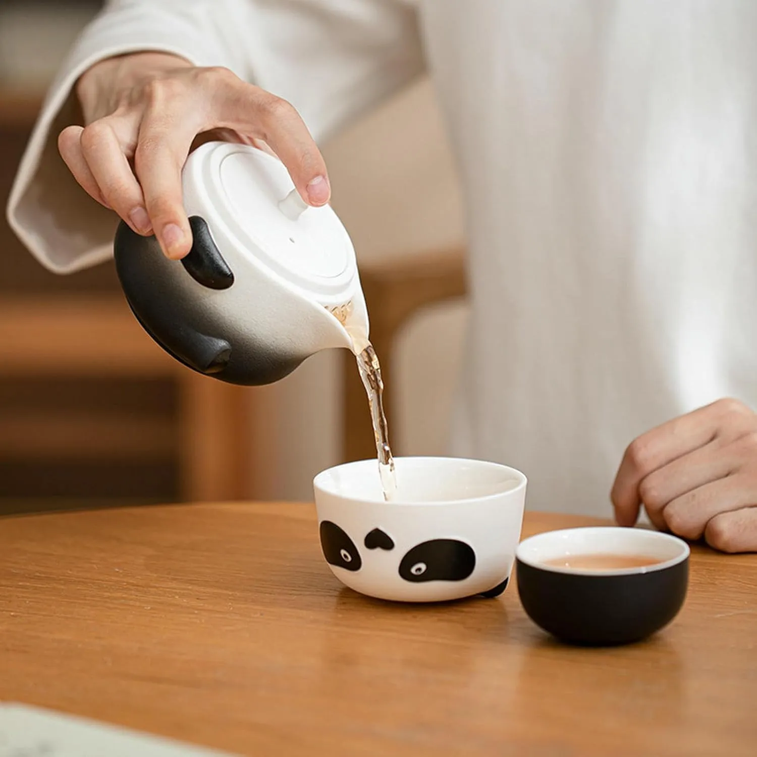 Panda Kung Fu Tea Set, Ceramic Travel Tea Set-Romantic Pink Gradual Change-Travel Bag