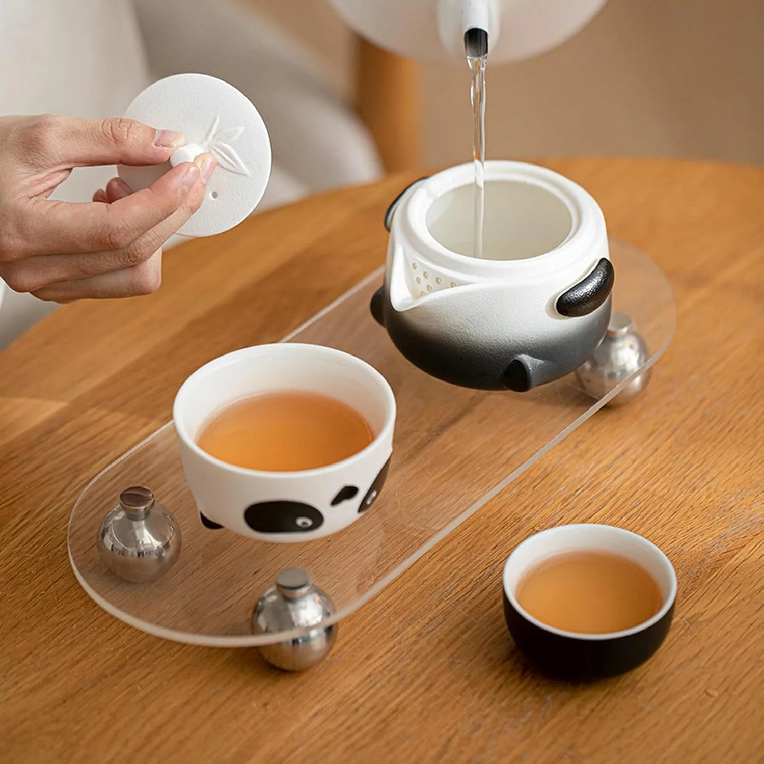 Panda Kung Fu Tea Set, Ceramic Travel Tea Set-Romantic Pink Gradual Change-Travel Bag