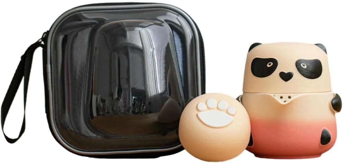 Panda Kung Fu Tea Set, Ceramic Travel Tea Set-Romantic Pink Gradual Change-Travel Bag