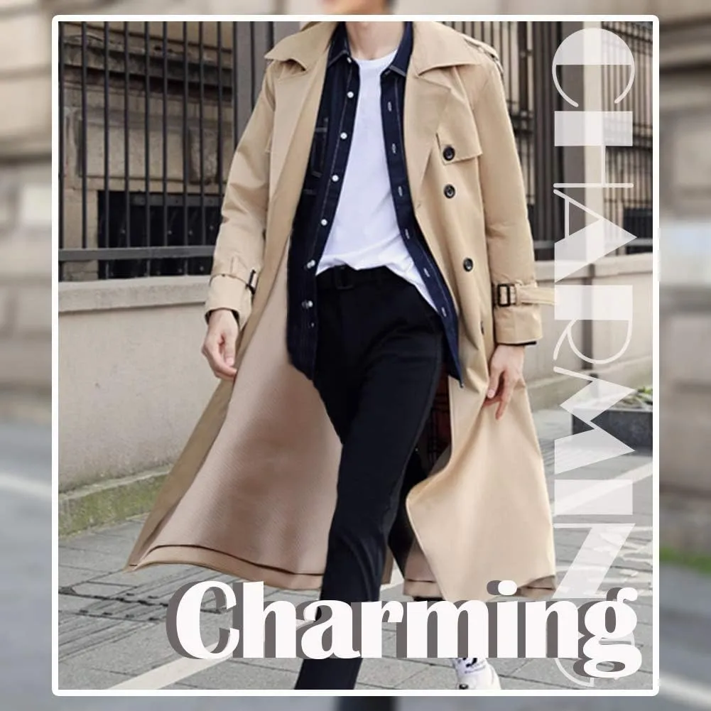 Pantete Man's Double Breasted Trench Coat Oversized Casual windbreaker Lapel Long Jacket Overcoat