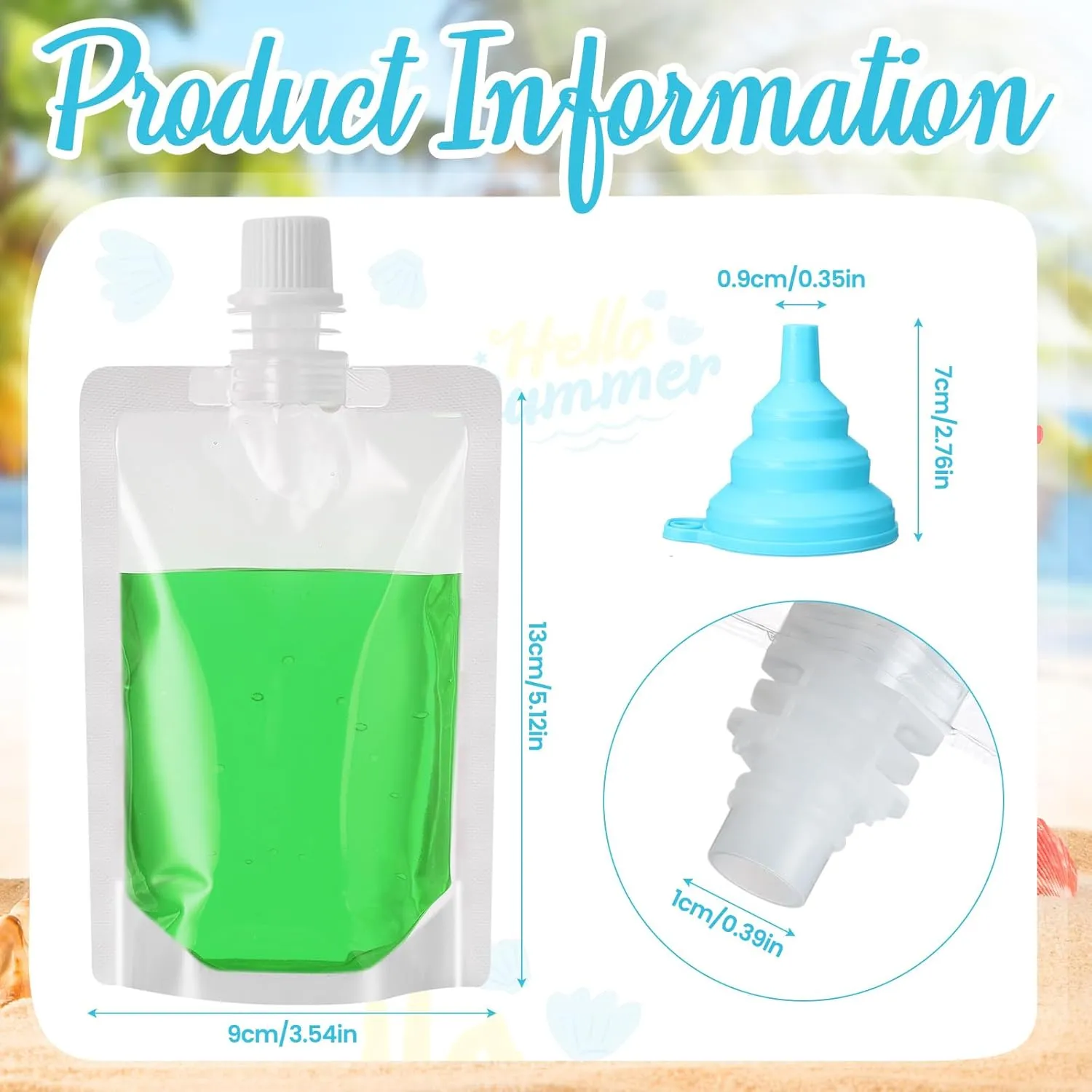 Patelai 150 Pieces Plastic Liquid Pouch Reusable Juice Pouches Travel Water Leak Proof Bags Bulk with Collapsible Silicone Funnel for Travel Outdoor (3 oz)