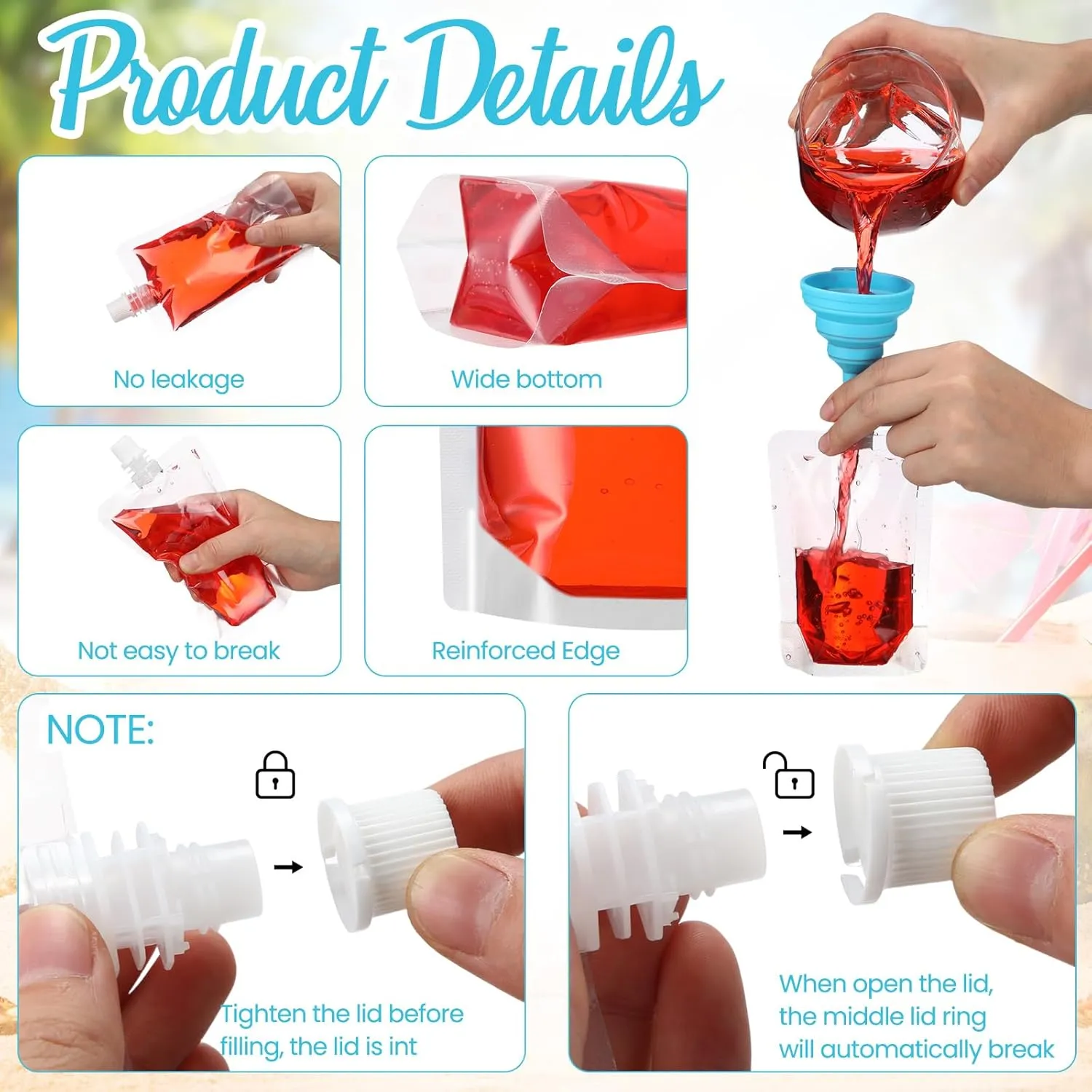 Patelai 150 Pieces Plastic Liquid Pouch Reusable Juice Pouches Travel Water Leak Proof Bags Bulk with Collapsible Silicone Funnel for Travel Outdoor (3 oz)