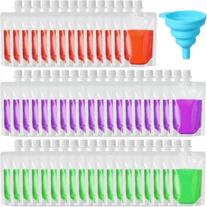 Patelai 150 Pieces Plastic Liquid Pouch Reusable Juice Pouches Travel Water Leak Proof Bags Bulk with Collapsible Silicone Funnel for Travel Outdoor (3 oz)