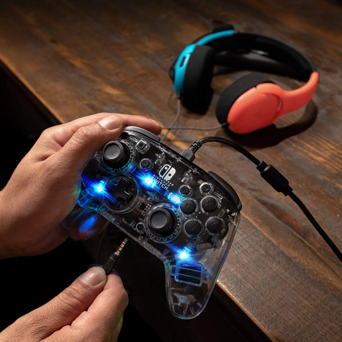 PDP Gaming Afterglow Deluxe  LED Wired Power Nintendo Switch Pro Controller, Officially Licensed, RGB Hue Color Lights, Clear Body See Through Gamepad, 3.5mm Audio Jack, Dual Vibration Paddle Buttons