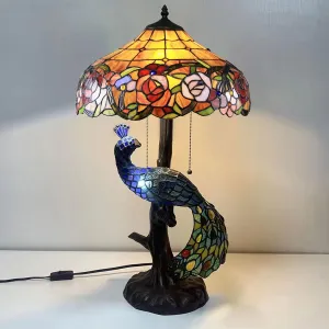 Peacock & Rose Tiffany Style Stained Glass Table Lamp, Vintage Handmade Decorative Desk Lamp Pull Cord Switch Reading Lamp for Living Room Wedding Room Office Villa,Amber