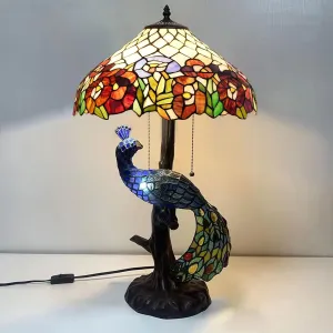 Peacock & Rose Tiffany Style Stained Glass Table Lamp, Vintage Handmade Decorative Desk Lamp Pull Cord Switch Reading Lamp for Living Room Wedding Room Office Villa,Red