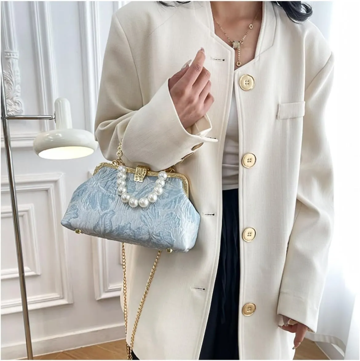 Pearl Evening Bag for Women Lily Pattern Vintage Embroidered Floral Clutch Purse Evening Handbag Shoulder Crossbody Bags