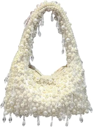 Pearl White Shoulder Bag Beaded Purses for Women 2025 Summer Bag Handmade Acrylic Beaded Hobo Handbag