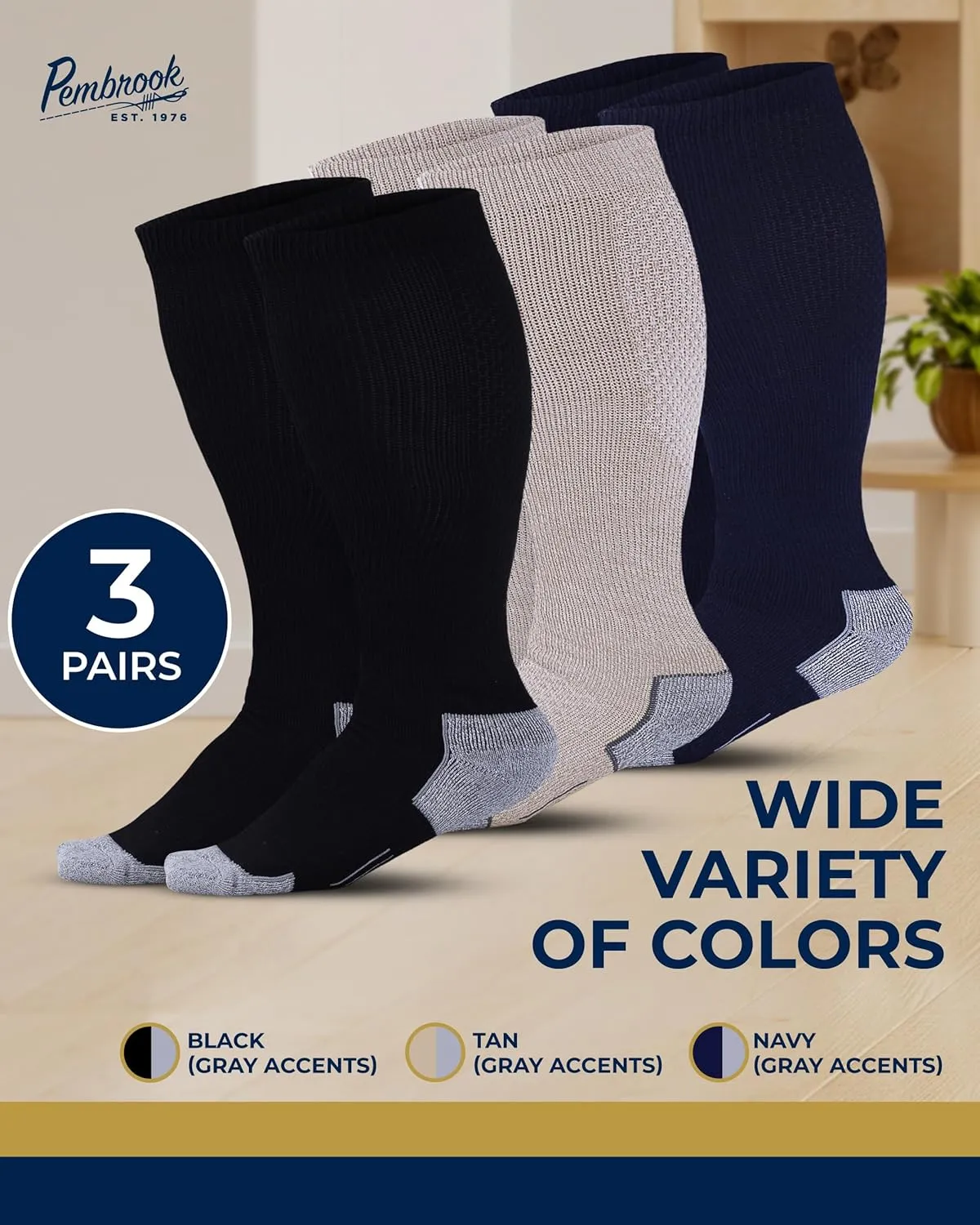 Pembrook 3 Pairs Plus Size Compression Socks Wide Calf - Knee High Wide Calf Compression Socks | Circulation Support Socks