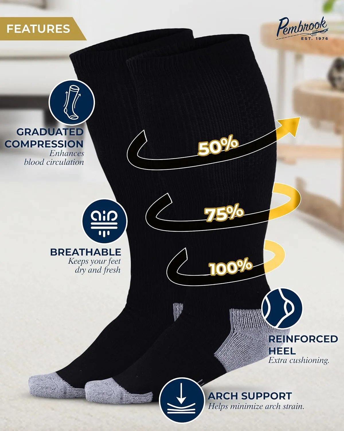 Pembrook 3 Pairs Plus Size Compression Socks Wide Calf - Knee High Wide Calf Compression Socks | Circulation Support Socks