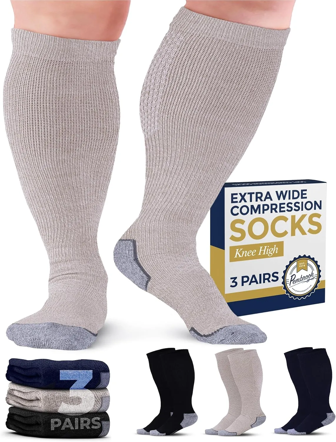 Pembrook 3 Pairs Plus Size Compression Socks Wide Calf - Knee High Wide Calf Compression Socks | Circulation Support Socks