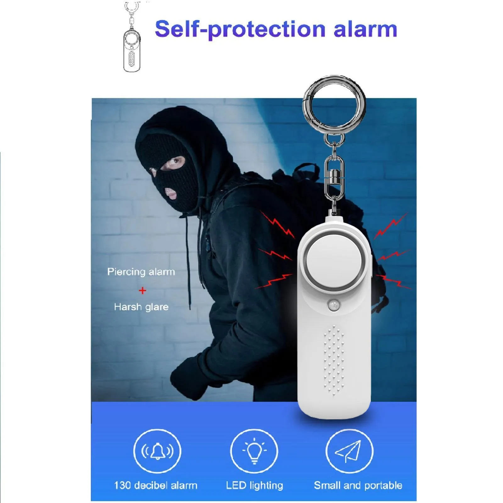 Personal 130dB Alarm Self Defense Keychain -White