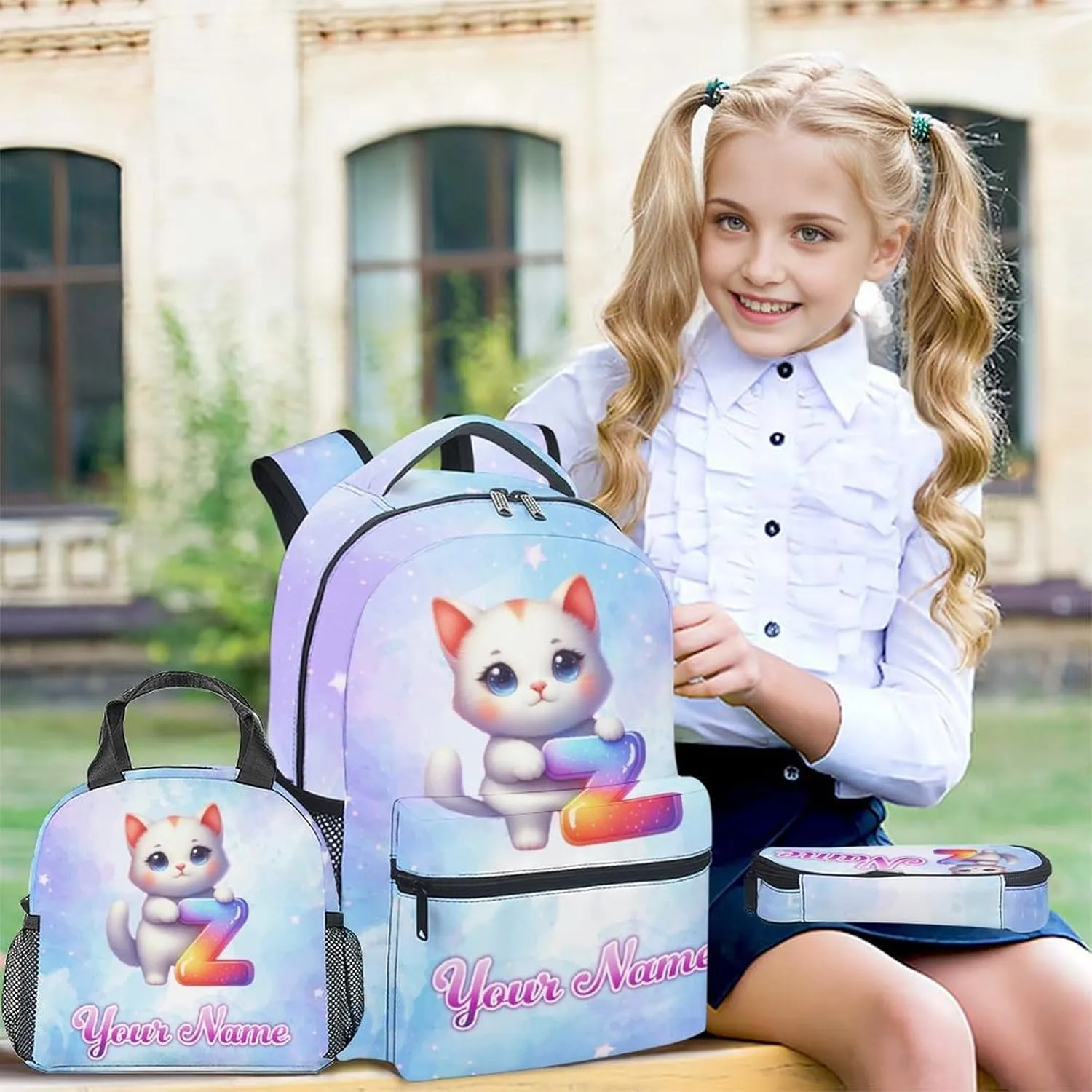 Personalized Cat Backpack with Lunch Box and Pencil Case Set, 3PCS Matching Girls Backpacks Combo, Blue Cute Bookbag and Pencil Case Bundle