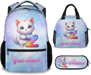 Personalized Cat Backpack with Lunch Box and Pencil Case Set, 3PCS Matching Girls Backpacks Combo, Blue Cute Bookbag and Pencil Case Bundle