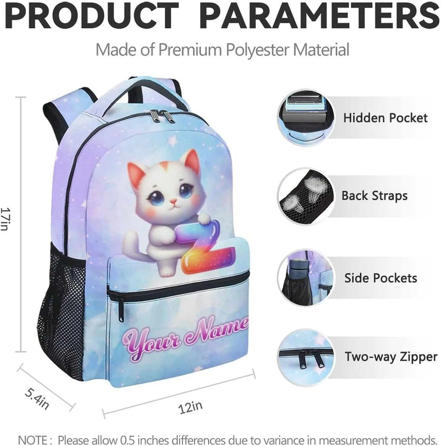 Personalized Cat Backpack with Lunch Box and Pencil Case Set, 3PCS Matching Girls Backpacks Combo, Blue Cute Bookbag and Pencil Case Bundle