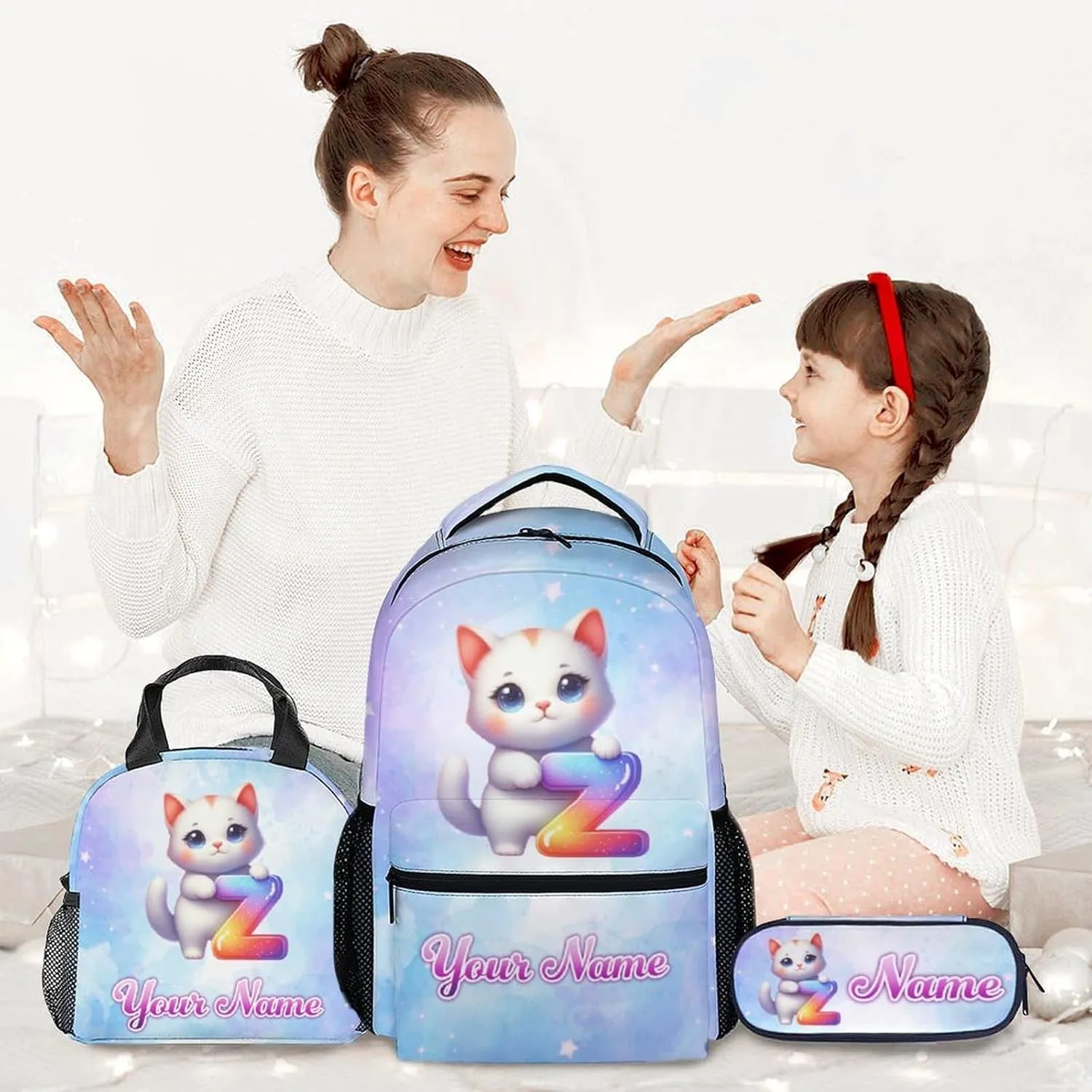 Personalized Cat Backpack with Lunch Box and Pencil Case Set, 3PCS Matching Girls Backpacks Combo, Blue Cute Bookbag and Pencil Case Bundle