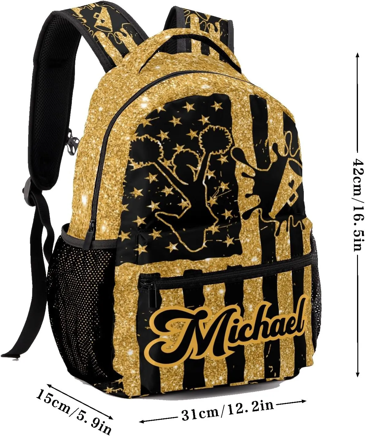 Personalized Cheer Cheerleader Gold Yellow Glitter Print Bags with Name Bag Waterproof Backpack Unisex Schoolbag Gift Casual Pack for Student Boys Girls