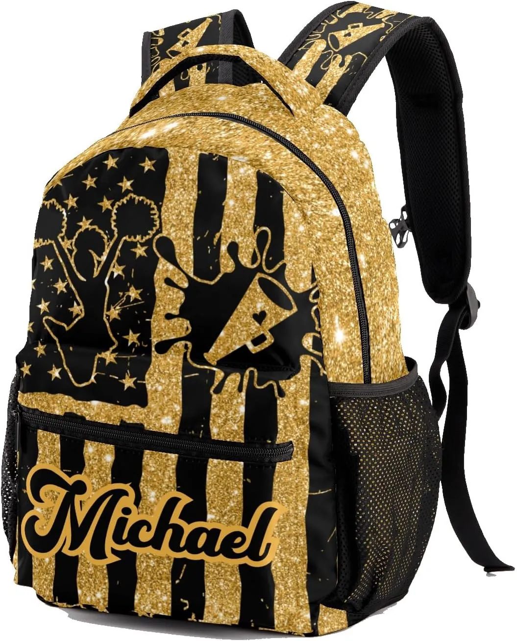 Personalized Cheer Cheerleader Gold Yellow Glitter Print Bags with Name Bag Waterproof Backpack Unisex Schoolbag Gift Casual Pack for Student Boys Girls