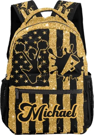 Personalized Cheer Cheerleader Gold Yellow Glitter Print Bags with Name Bag Waterproof Backpack Unisex Schoolbag Gift Casual Pack for Student Boys Girls