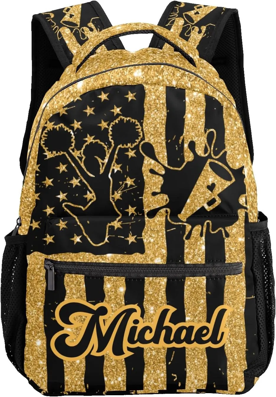 Personalized Cheer Cheerleader Gold Yellow Glitter Print Bags with Name Bag Waterproof Backpack Unisex Schoolbag Gift Casual Pack for Student Boys Girls