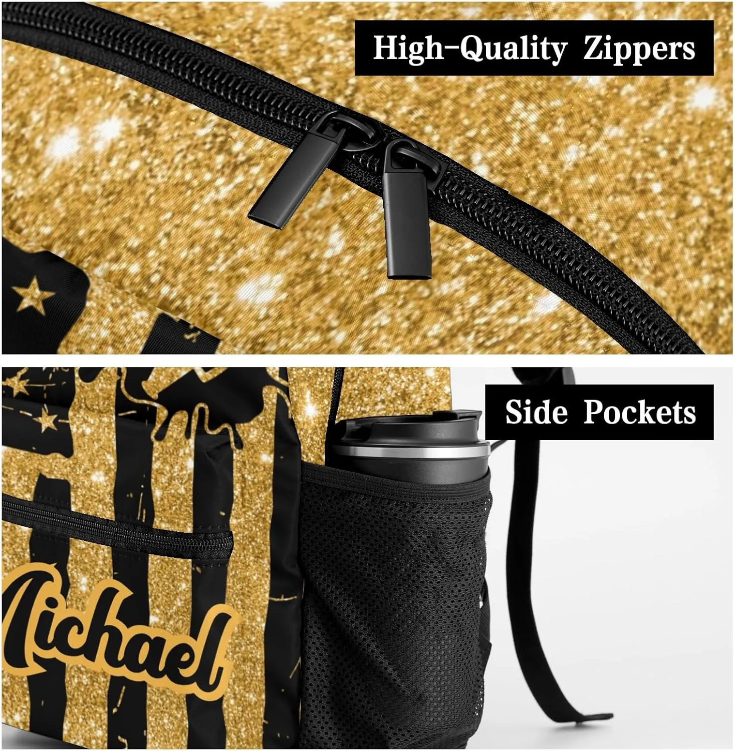 Personalized Cheer Cheerleader Gold Yellow Glitter Print Bags with Name Bag Waterproof Backpack Unisex Schoolbag Gift Casual Pack for Student Boys Girls