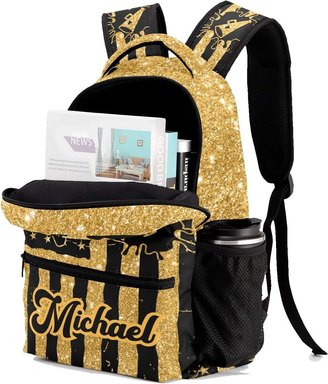 Personalized Cheer Cheerleader Gold Yellow Glitter Print Bags with Name Bag Waterproof Backpack Unisex Schoolbag Gift Casual Pack for Student Boys Girls